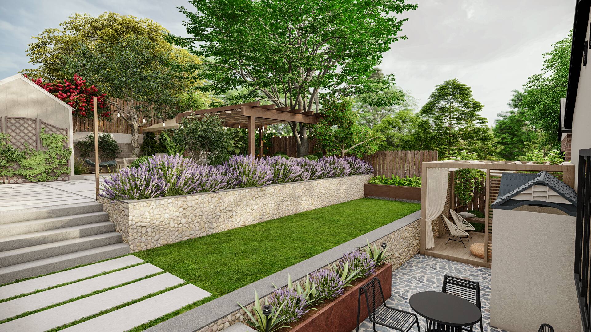 Elegant backyard garden with raised lavender beds, stone retaining walls, wooden pergola, and a cozy seating area